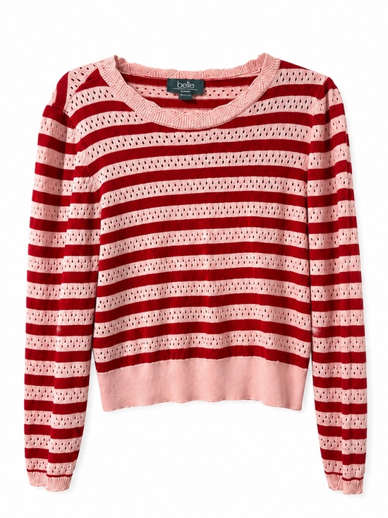 Belle By Belldini Tops - Belle Pink and Red Striped Open-Knit Crew Sweater